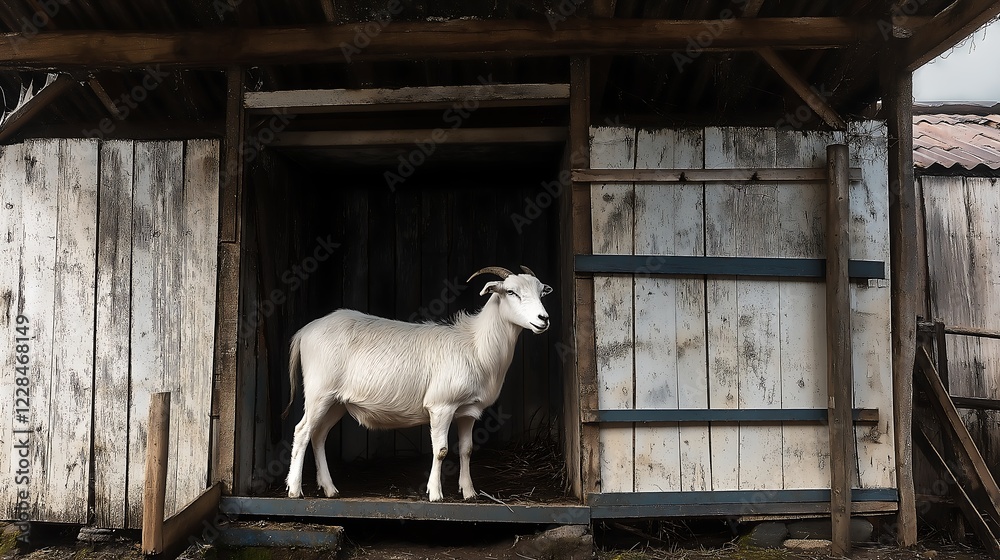 Obraz premium White goat watching in its stable, Dilapidated stable
