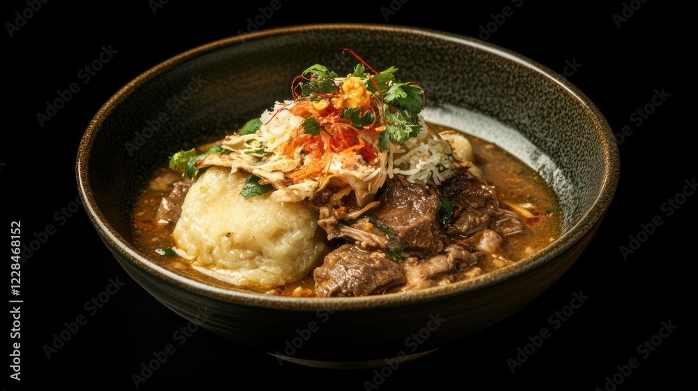 Delicious Asian Beef Stew with Dumplings in a Dark Brown Bowl Delicious Asian Beef Stew with Dumplings in a Dark Brown Bowl