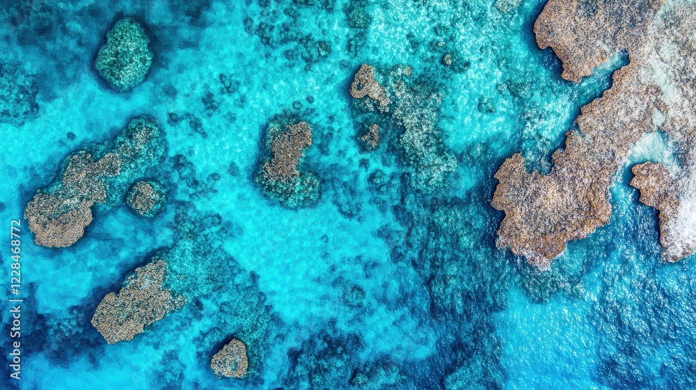 Obraz premium Aerial view of vibrant coral reefs surrounded by clear turquoise waters, showcasing marine life