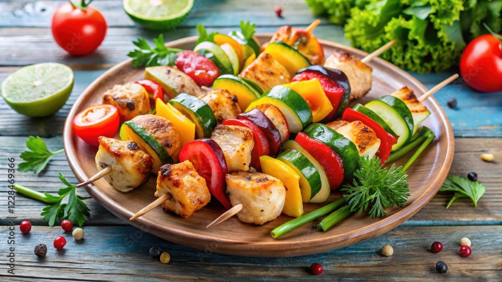 Grilled chicken kebab skewers with colorful vegetables on a plate , appetizer, chicken, kebab, vegetables, grill, skewers, BBQ Grilled chicken kebab skewers with colorful vegetables on a plate , appetizer, chicken, kebab, vegetables, grill, skewers, BBQ