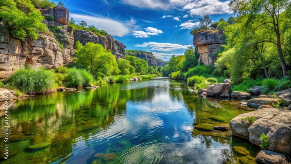 A serene panoramic view of a tranquil river flowing gently through lush greenery and rocky formations , flowing water, calm A serene panoramic view of a tranquil river flowing gently through lush greenery and rocky formations , flowing water, calm