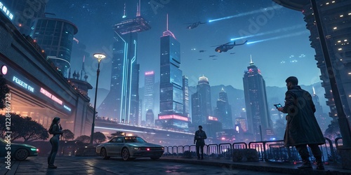 cyberpunk, futuristic city, neon lights, AI holograms, sci-fi art, cybernetic humans, flying cars, high-tech aesthetic, digital painting, ultra-detailed, blue and pink glow, dystopian future, AI techn photo