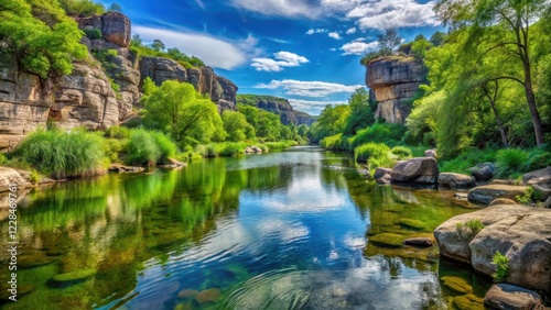 A serene panoramic view of a tranquil river flowing gently through lush greenery and rocky formations ,  flowing water, calm