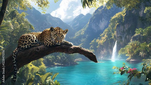 A majestic leopard lounges on a branch in a tropical jungle, with a view of a turquoise lagoon and lush mountains in the background. Wild Lagoon. Illustration