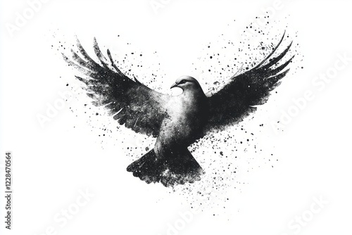 Vector art with halftone overlay and monochrome splatter dove photo