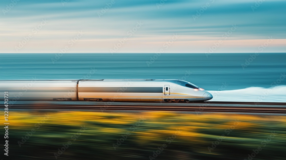 A dynamic shot of a high-speed train speeding along the coast with the ocean waves in the background, motion blur showcasing the powerful movement A dynamic shot of a high-speed train speeding along the coast with the ocean waves in the background, motion blur showcasing the powerful movement
