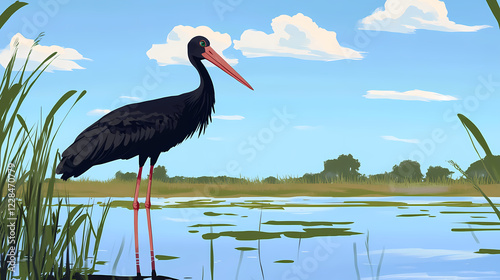 Black stork ciconia fishing in shallow lagoon. Wild Lagoon. Illustration