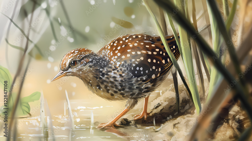 Obraz premium Close-up of a spotted crake (porzana porzana) foraging in a freshwater lagoon. Wild Lagoon. Illustration