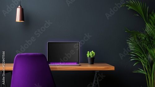 Wallpaper Mural A creative workspace featuring a vibrant purple chair, a clean wooden desk, and a slim laptop with glowing keys, surrounded by neutral tones and subtle decor accents Torontodigital.ca