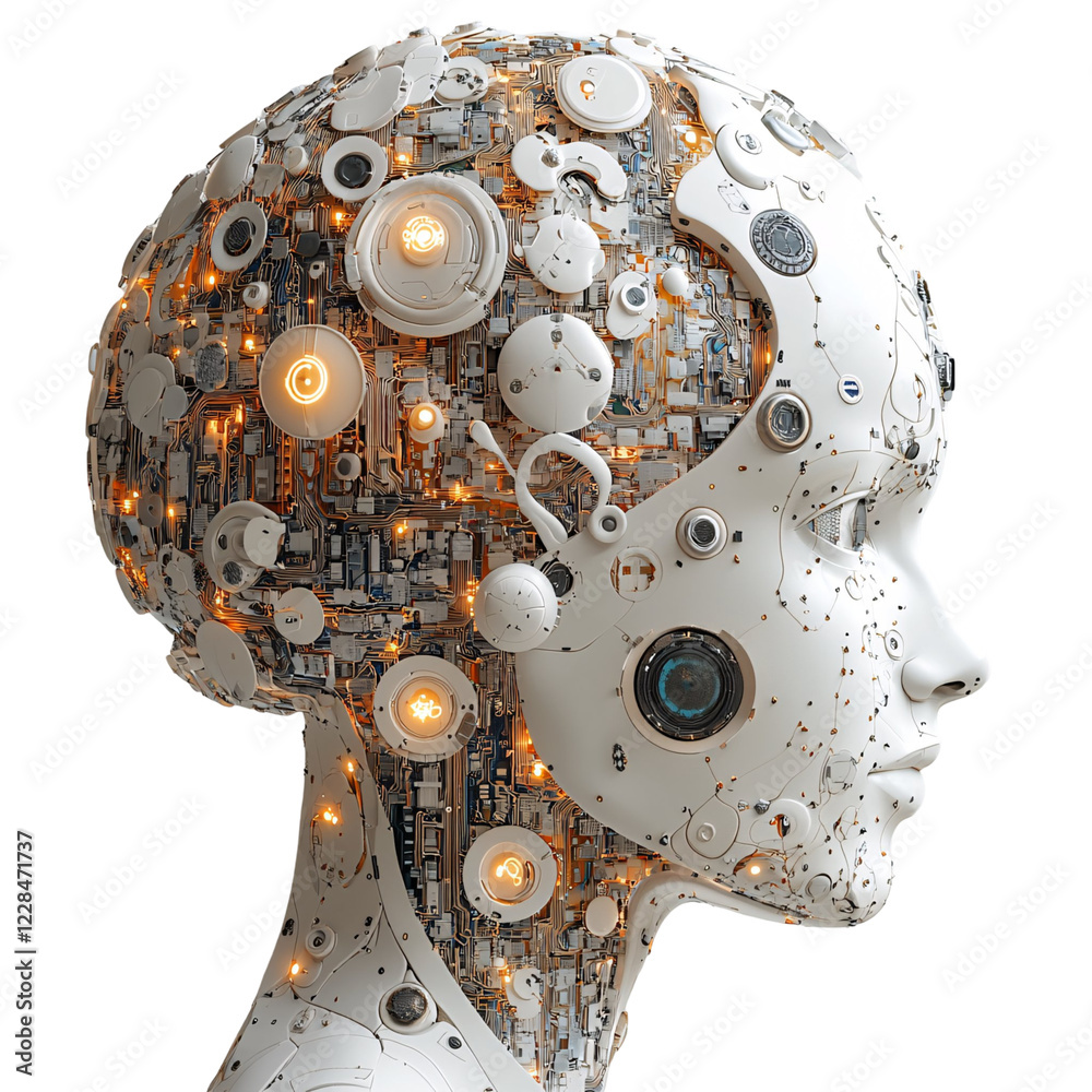 Fototapeta premium A futuristic humanoid head composed of circuits and lights, symbolizing advanced technology.