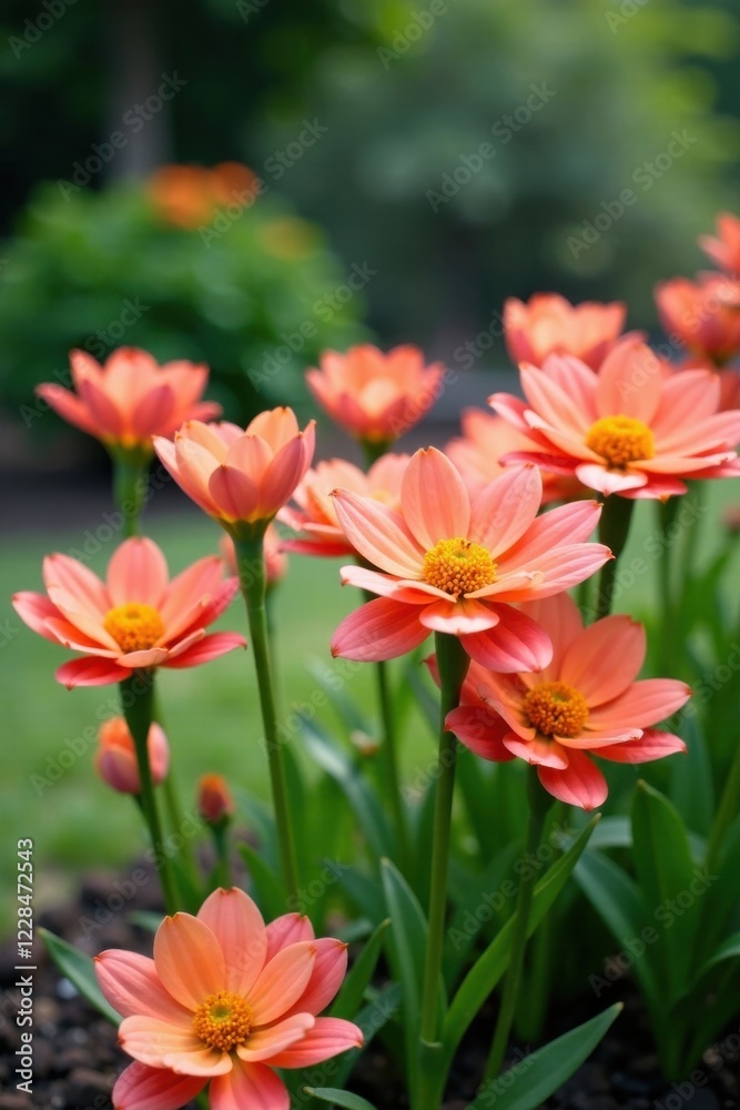 Blooming flowers in a garden, foliage, greenery Blooming flowers in a garden, foliage, greenery