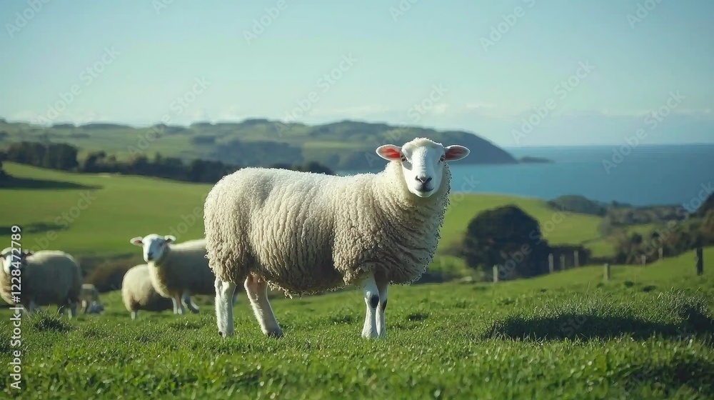 Sheep grazing on a lush green pasture overlooking a coastal landscape. Sheep grazing on a lush green pasture overlooking a coastal landscape.