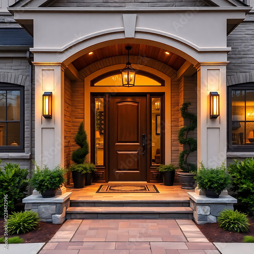 Elegant Home Entrance at Night: Brick Facade, Grand Door, and Warm Lighting Create a Luxurious and Inviting Atmosphere
