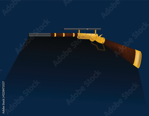 Golden hunting rifle resting on BLUE surface