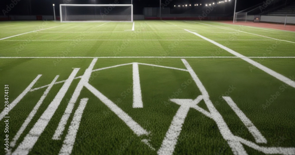 Obraz premium Close-up of football field's white yard lines and goalposts under bright stadium floodlights, sports equipment, close up
