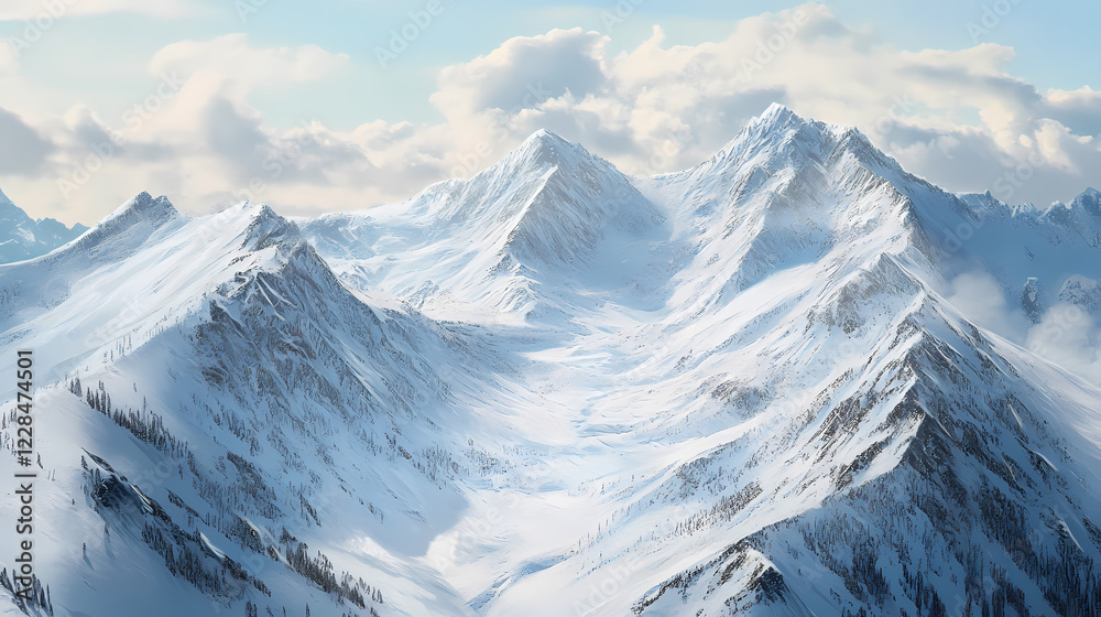 Obraz premium Snow covered mountains valley winter landscape scene. Winter Ridge. Illustration