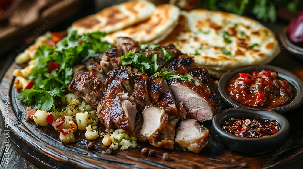 Delicious Grilled Meat Platter with Naan Bread and Sauces Delicious Grilled Meat Platter with Naan Bread and Sauces