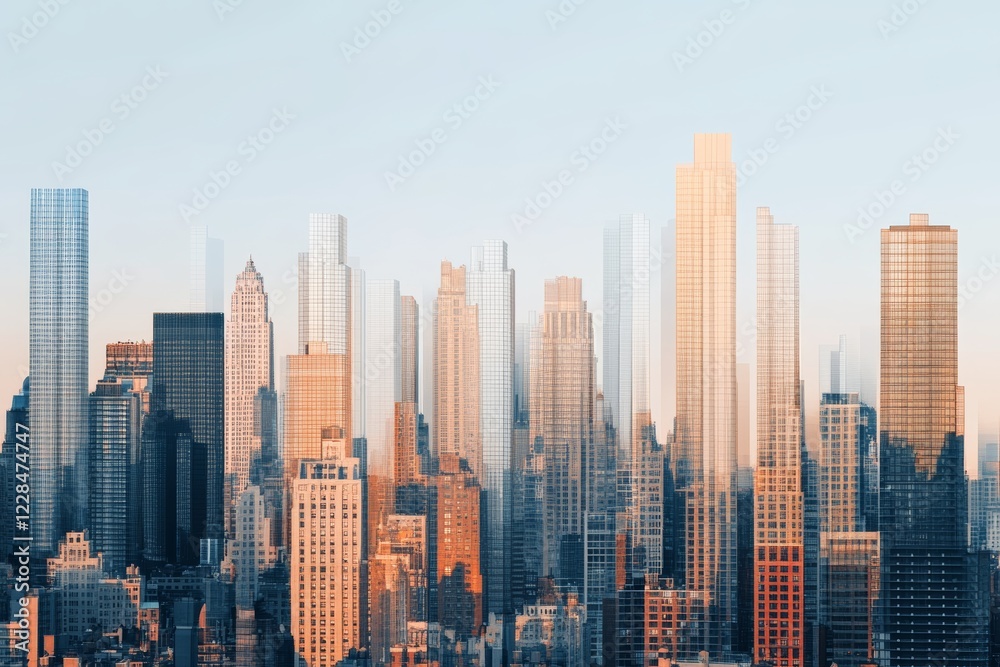Abstract urban skyline with skyscrapers in warm sunset light Abstract urban skyline with skyscrapers in warm sunset light
