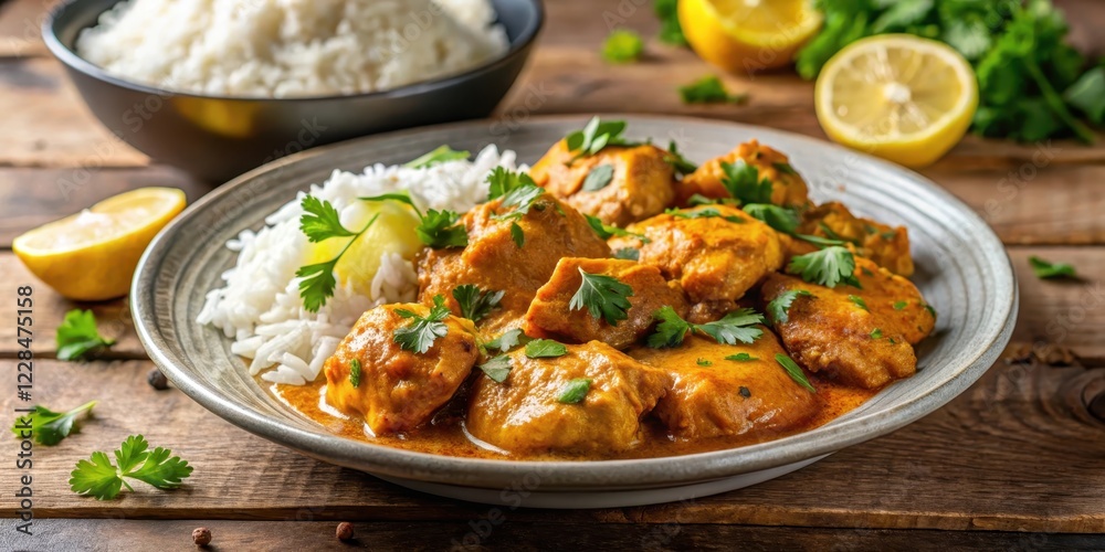 Delicious chicken curry with rice served in a plate on a table, garnished with fresh cilantro and lemon wedges , restaurant style, lunch dish Delicious chicken curry with rice served in a plate on a table, garnished with fresh cilantro and lemon wedges , restaurant style, lunch dish