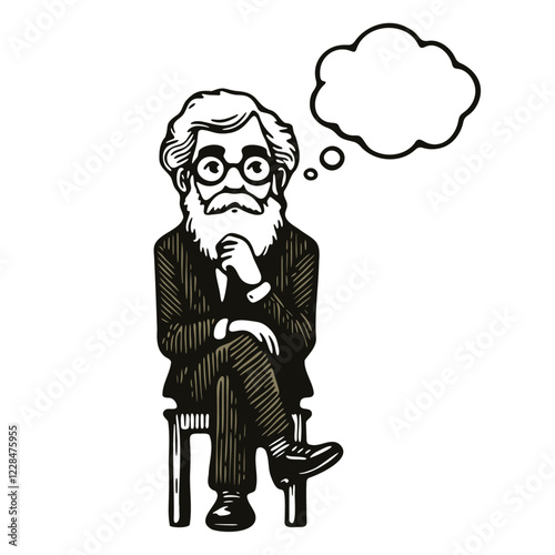 man sitting on a chair and thinking with a thought bubble sketch