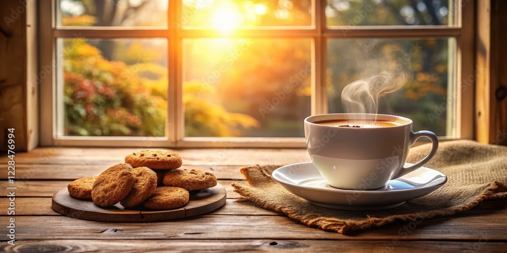 Fototapeta premium Warmly lit coffee and cookies on a wooden table in a cozy room with soft natural light filtering through the window, warm