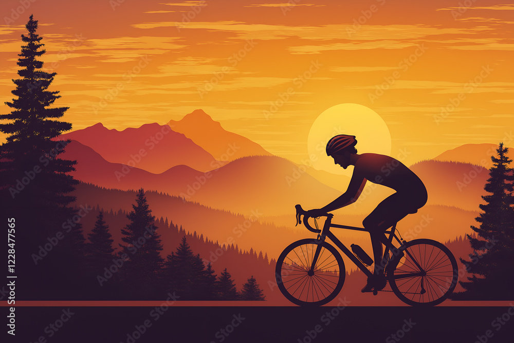 Obraz premium Cycling enthusiast vector with a bike, helmet, and hilly background. Vector illustrations concept