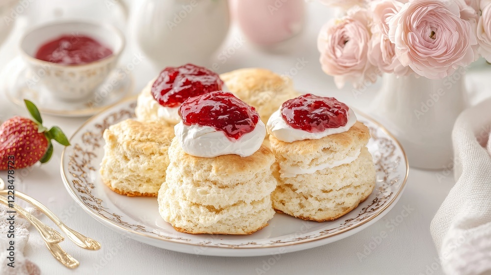 A high-angle view of a decadent scone filled with glossy strawberry jam and creamy clotted cream, served alongside a dainty flower vase on a table A high-angle view of a decadent scone filled with glossy strawberry jam and creamy clotted cream, served alongside a dainty flower vase on a table