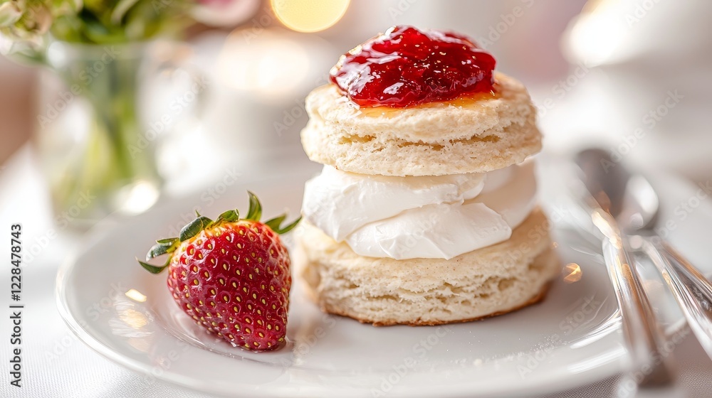 A high-angle view of a decadent scone filled with glossy strawberry jam and creamy clotted cream, served alongside a dainty flower vase on a table A high-angle view of a decadent scone filled with glossy strawberry jam and creamy clotted cream, served alongside a dainty flower vase on a table