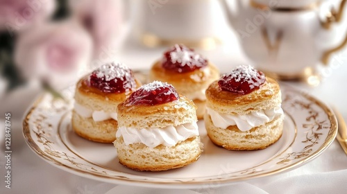 Wallpaper Mural A high-angle view of a decadent scone filled with glossy strawberry jam and creamy clotted cream, served alongside a dainty flower vase on a table Torontodigital.ca