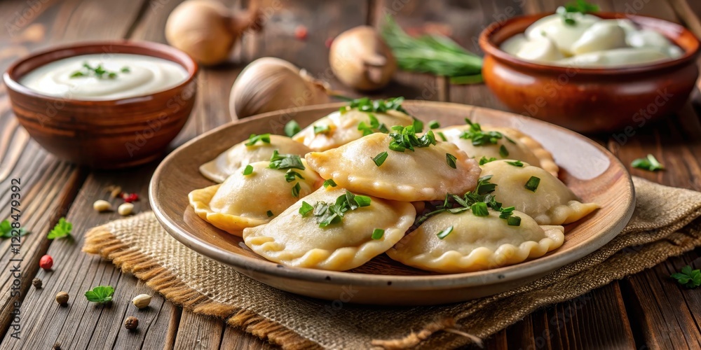 Polish pierogi with sour cream,, rustic meal, warm and comforting Polish pierogi with sour cream,, rustic meal, warm and comforting