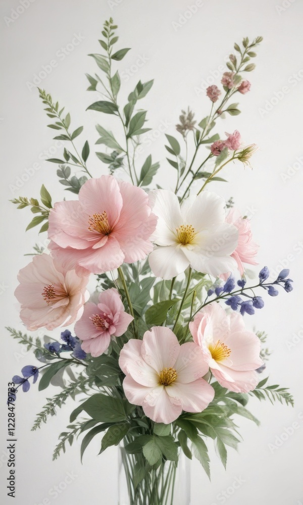 Obraz premium Delicate watercolor floral arrangement on a soft white background, botanical prints, flower patterns