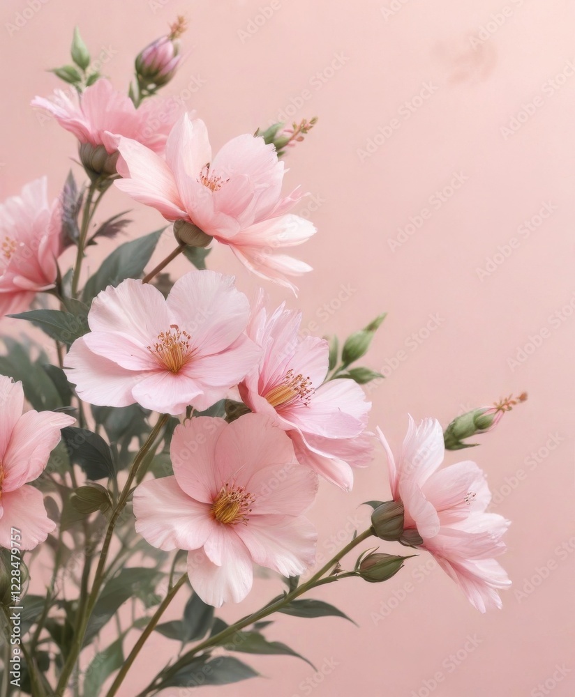 Fototapeta premium Delicate watercolor flowers on a pastel pink background, delicate, nature