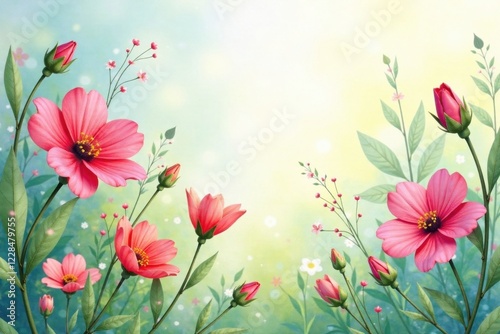 Delicate watercolor flowers in a garden setting, floral design, garden