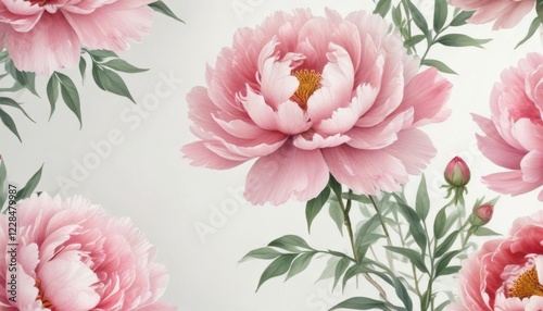 Delicate watercolor peony flowers on a soft white background, soft colors, spring flowers,