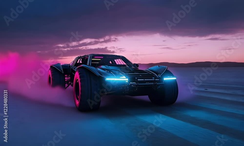 Futuristic car drifting desert sunset, vibrant sky