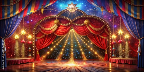 Vibrant colors and twinkling lights create a mesmerizing atmosphere on a large, ornate circus stage surrounded by red velvet curtains, confetti, fairy lights