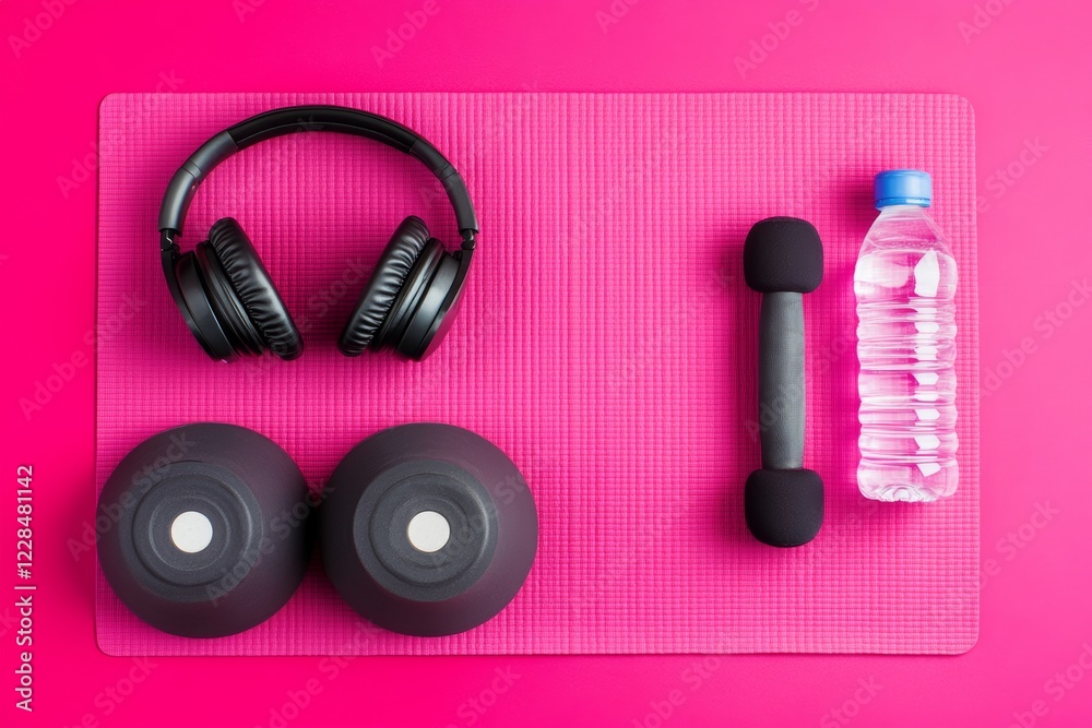 Fitness essentials with yoga mat, dumbbells, headphones, and water bottle on pink background Fitness essentials with yoga mat, dumbbells, headphones, and water bottle on pink background