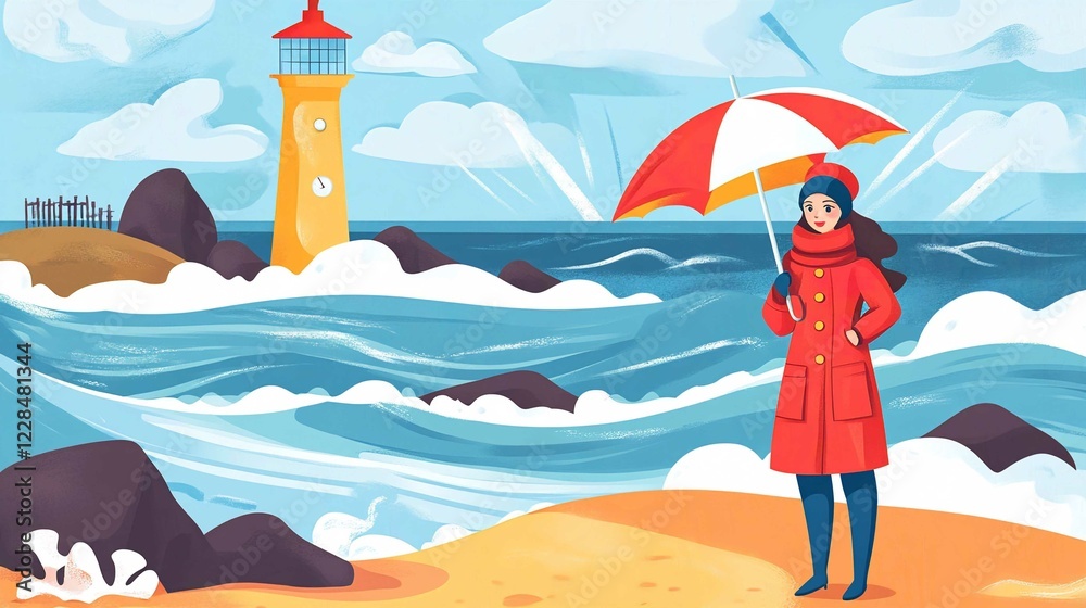 Fototapeta premium Tropical Beach Vacation Illustration with Woman in Bikini and Umbrella by the Ocean