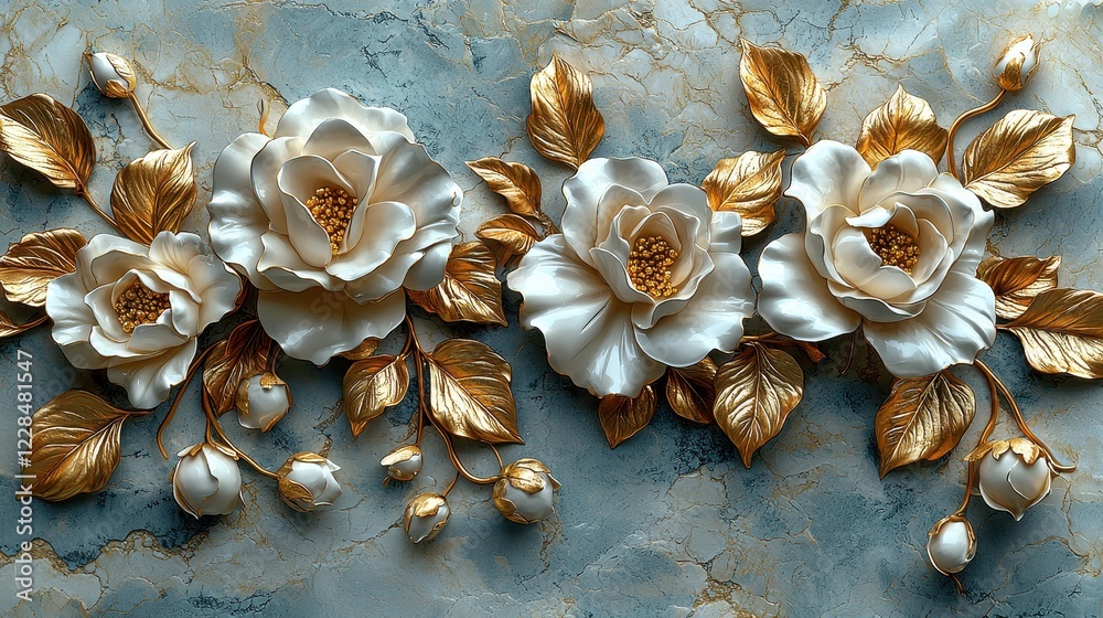 Fototapeta premium Elegant floral relief featuring white roses and golden leaves on a textured background.