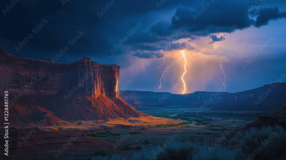 Fototapeta premium Dramatic desert landscape with lightning striking. Perfect for illustrating power, nature, or the American Southwest.