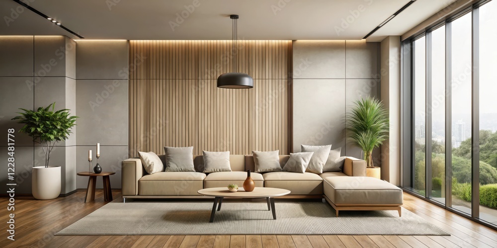 custom made wallpaper toronto digitalSleek modern living room with floor-to-ceiling windows and a minimalist sofa against a neutral-colored wall, home decor, interior design