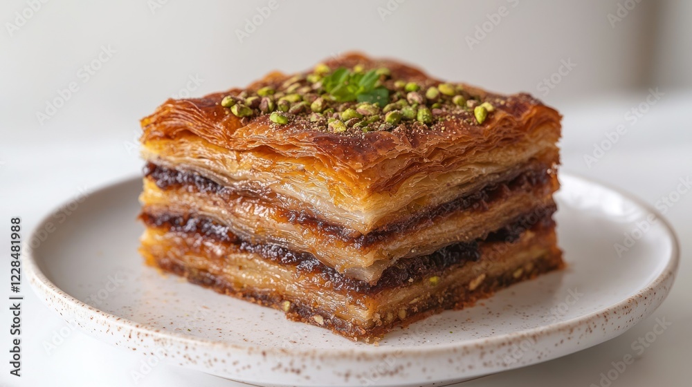 Baklava pastry with pistachios, mint on plate, bright background, food photography Baklava pastry with pistachios, mint on plate, bright background, food photography