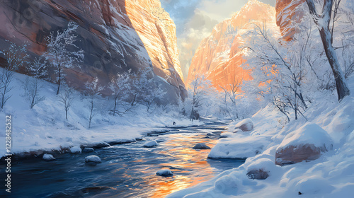 Winter hiking in the virgin river narrows, zion national park, utah - majestic landscapes and frosty beauty. Frosty Canyon. Illustration photo