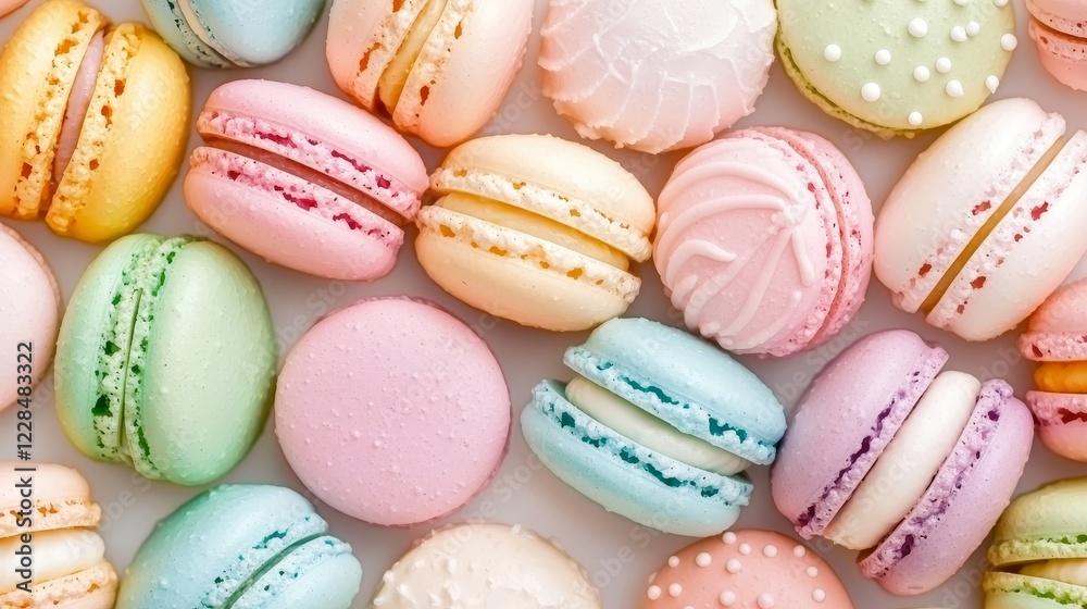 Close-up of assorted macaroons in pastel hues, perfectly aligned on a clean white backdrop, exuding elegance and charm Close-up of assorted macaroons in pastel hues, perfectly aligned on a clean white backdrop, exuding elegance and charm