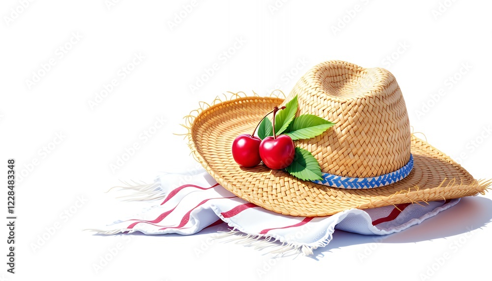 Straw Hat with Cherries and Striped Towel, Summer Style Straw Hat with Cherries and Striped Towel, Summer Style
