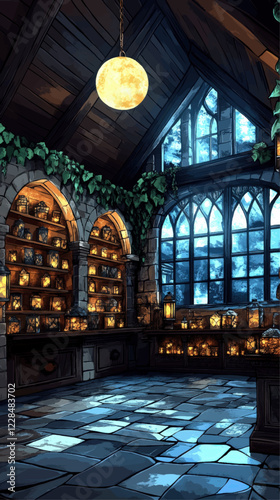 Mystical Candlelit Library with Vaulted Ceiling and Gothic Windows Covered in Ivy - Magic Atmosphere Fireplace Nighttime Glow Vector Illustration