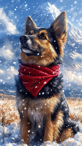 Majestic German Shepherd in Winter Wonderland with Red Scarf, Snowy Mountain Backdrop, Snowflakes, and Blue Sky - Perfect Winter Dog Art Vector Image
