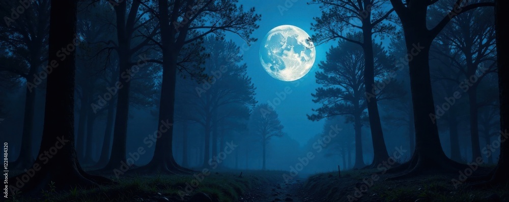 Naklejka premium Full moon in forest darkness, shadows, howling, night