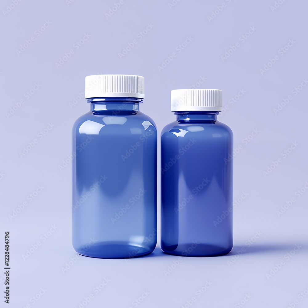 Two Empty Blue Plastic Bottles with White Caps on a Lilac Background. Mockup and Branding Two Empty Blue Plastic Bottles with White Caps on a Lilac Background. Mockup and Branding