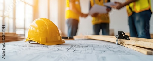 A construction scene featuring workers in yellow vests discussing plans beside a hard hat and blueprints on a table.